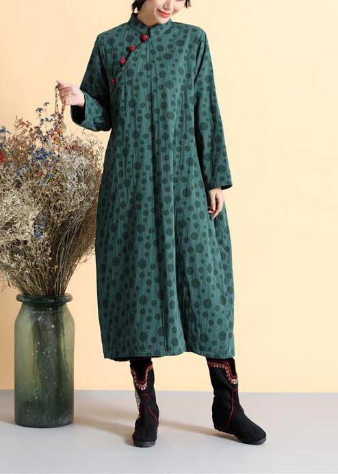 Diy Blackish Green Dotted Tunic Stand Collar Traveling Spring Dress