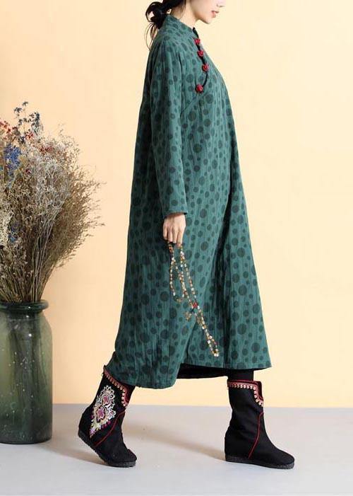 Diy Blackish Green Dotted Tunic Stand Collar Traveling Spring Dress