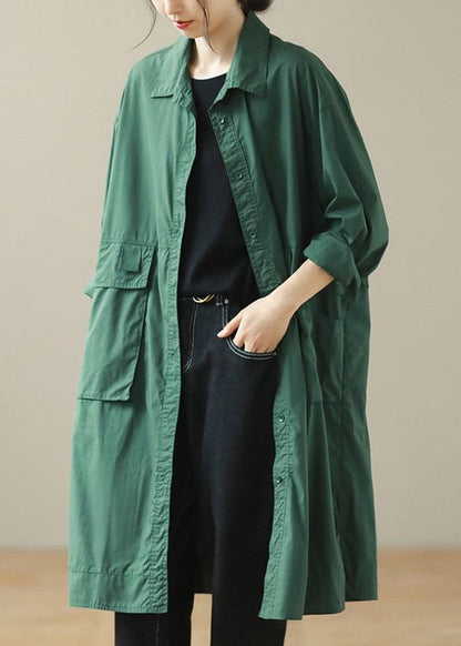 Diy Blackish Green Oversized Pockets Cotton Trench Coat Fall