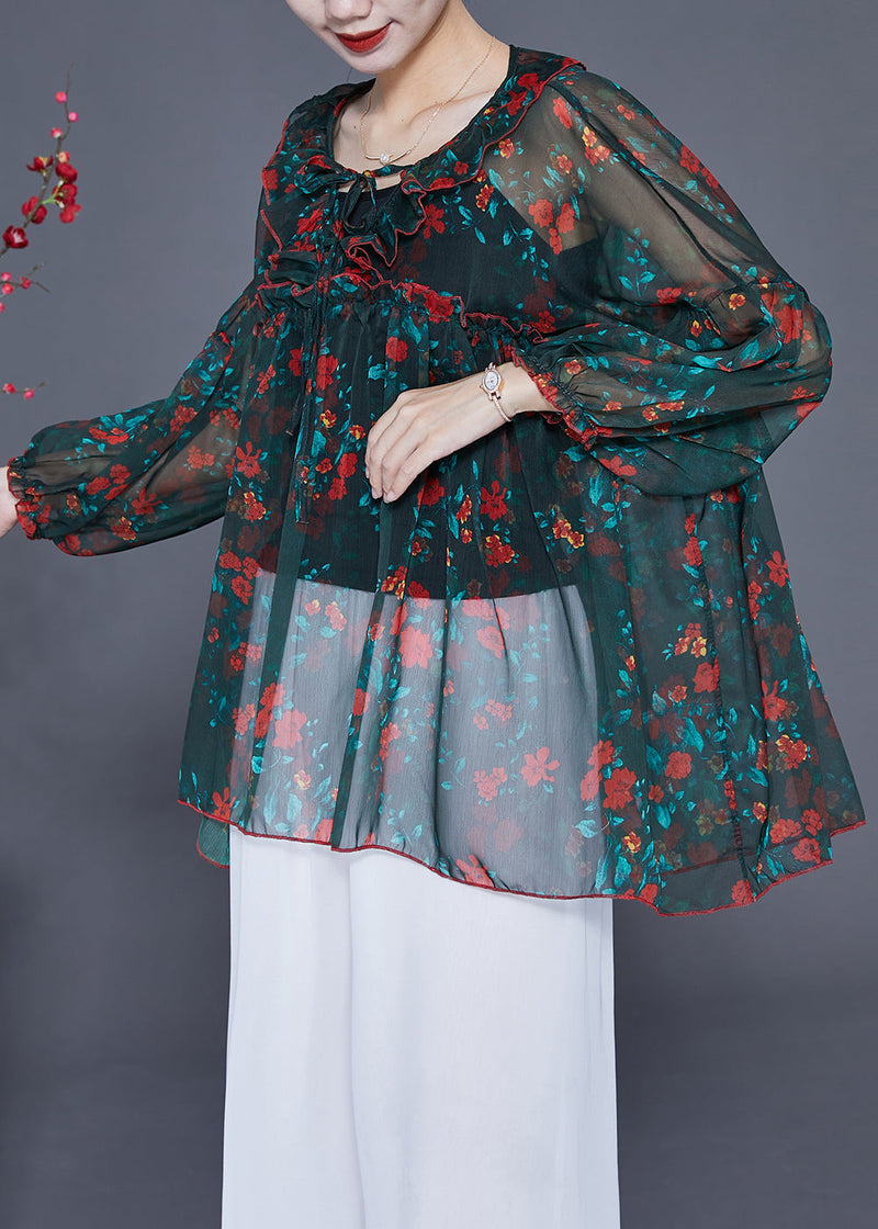 Diy Blackish Green Ruffled Print Chiffon Upf 50+ Top Summer