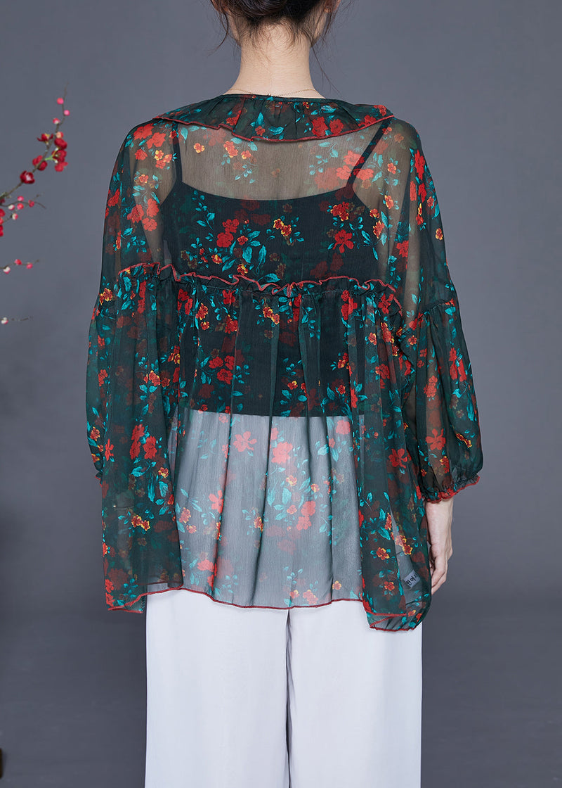 Diy Blackish Green Ruffled Print Chiffon Upf 50+ Top Summer