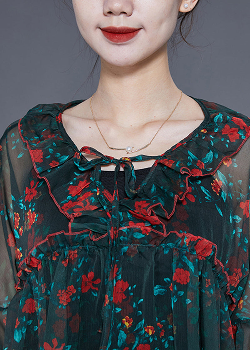 Diy Blackish Green Ruffled Print Chiffon Upf 50+ Top Summer
