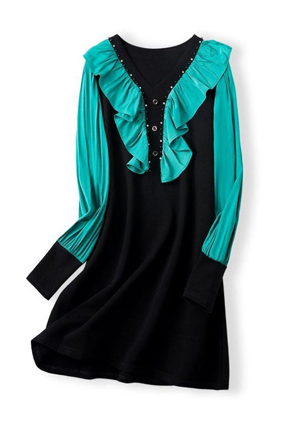 Diy Blackish Green V Neck Ruffled Patchwork Cotton Mid Dresses Spring