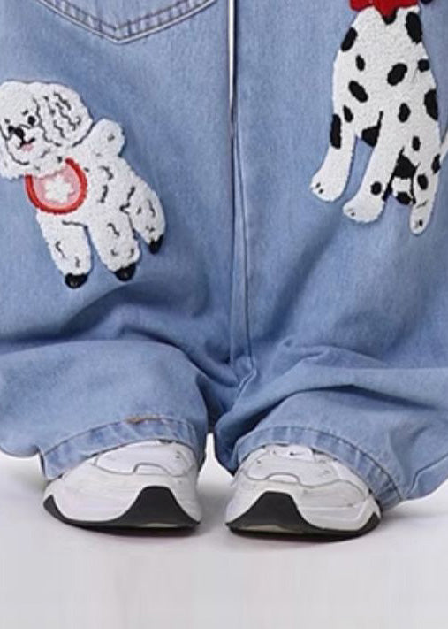 Diy Blue Animal Embroidered Denim Straight Pants Spring