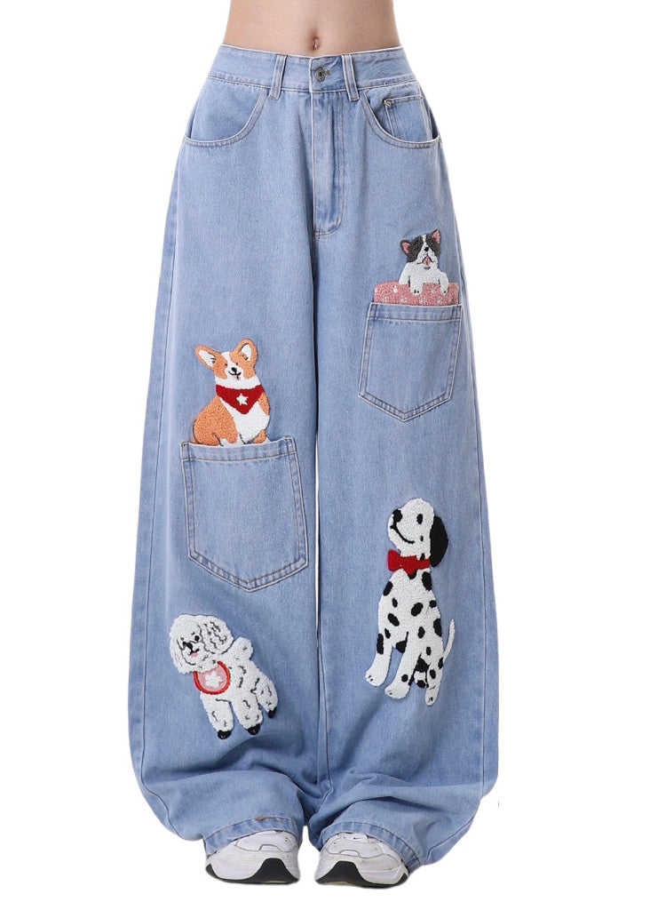Diy Blue Animal Embroidered Denim Straight Pants Spring