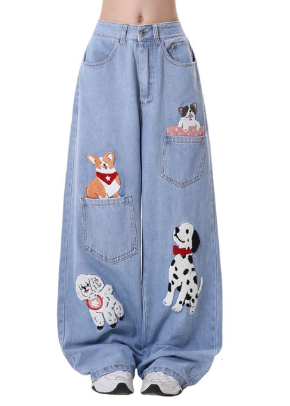 Diy Blue Animal Embroidered Denim Straight Pants Spring