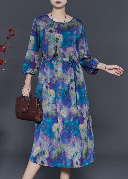Diy Blue Cinched Print Chiffon Maxi Dresses Bracelet Sleeve