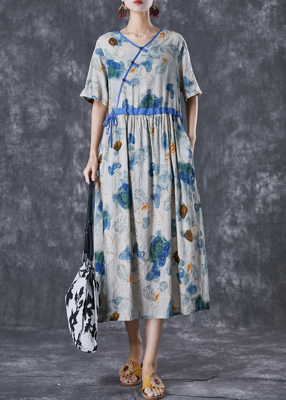 Diy Blue Cinched Print Linen Silk Holiday Dress Summer