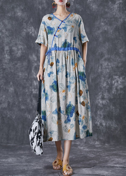 Diy Blue Cinched Print Linen Silk Holiday Dress Summer