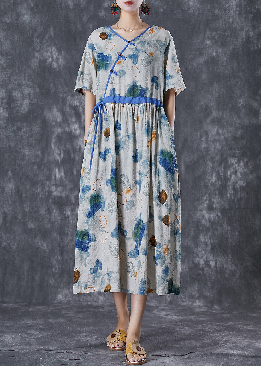 Diy Blue Cinched Print Linen Silk Holiday Dress Summer