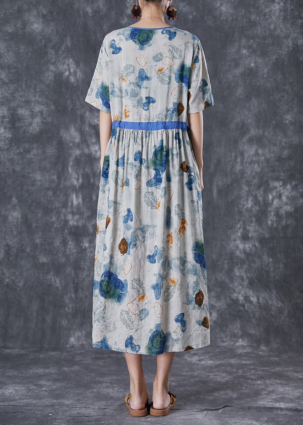 Diy Blue Cinched Print Linen Silk Holiday Dress Summer