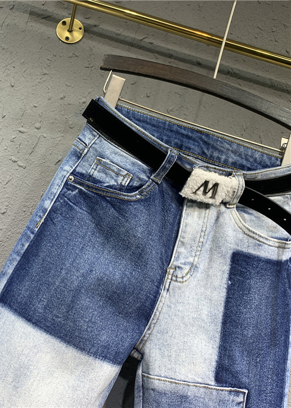 Diy Blue High Waist Pockets Patchwork Denim Pants Fall