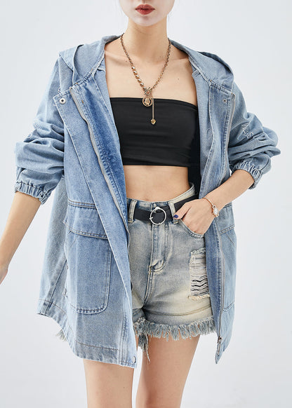 Diy Blue Hooded Letter Embroidered Denim Coat Fall