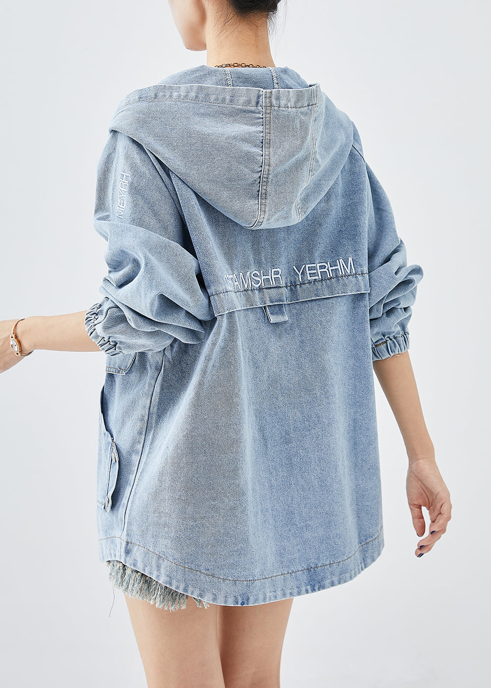 Diy Blue Hooded Letter Embroidered Denim Coat Fall