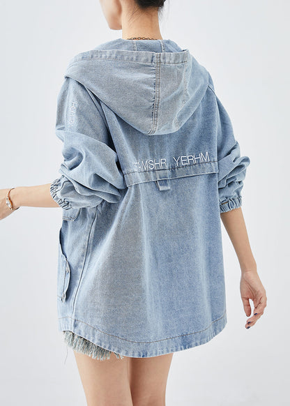 Diy Blue Hooded Letter Embroidered Denim Coat Fall