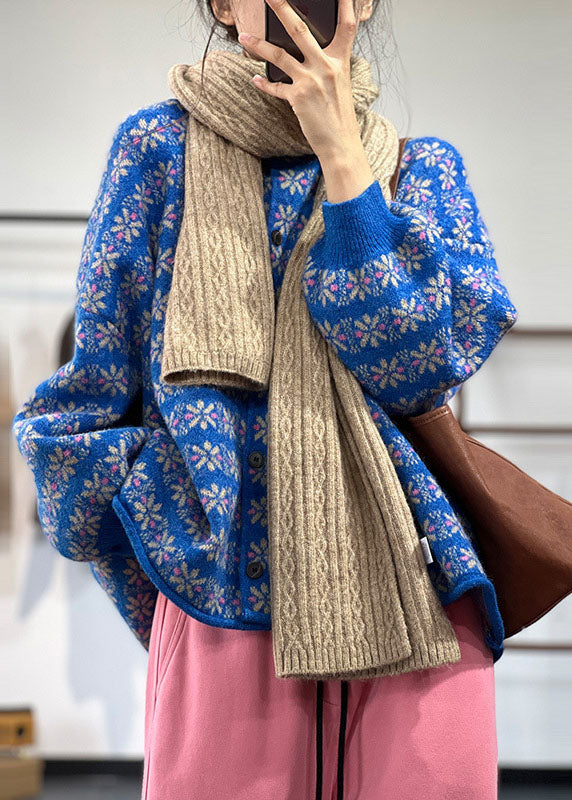 Diy Blue O-neck Oversized Jacquard Lazy Knit Cardigans Winter