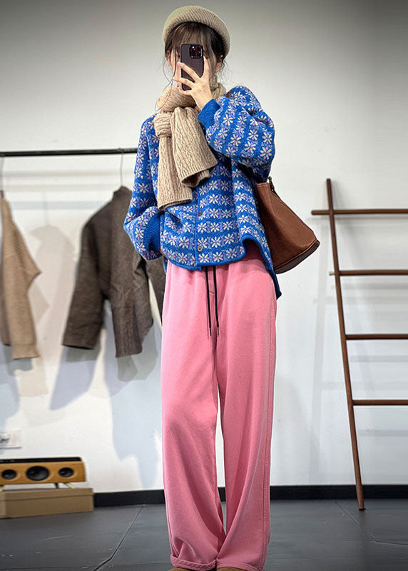 Diy Blue O-neck Oversized Jacquard Lazy Knit Cardigans Winter