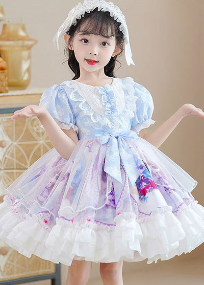 Diy Blue O-neck Print Patchwork Bow Tulle Mid Dress Puff Sleeve
