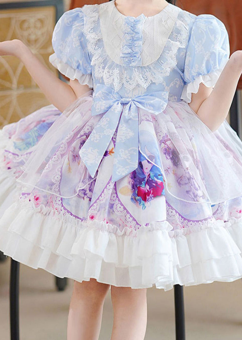 Diy Blue O-neck Print Patchwork Bow Tulle Mid Dress Puff Sleeve