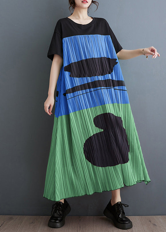 Diy Blue Oversized Patchwork Print Cotton Maxi Dress Summer