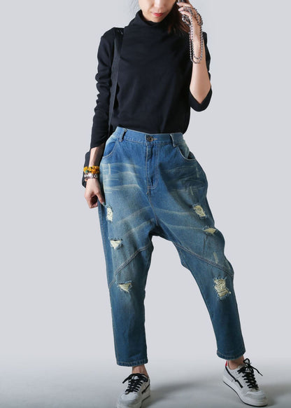 Diy Blue Patchwork Pockets Elastic Waist Harem Pants Spring