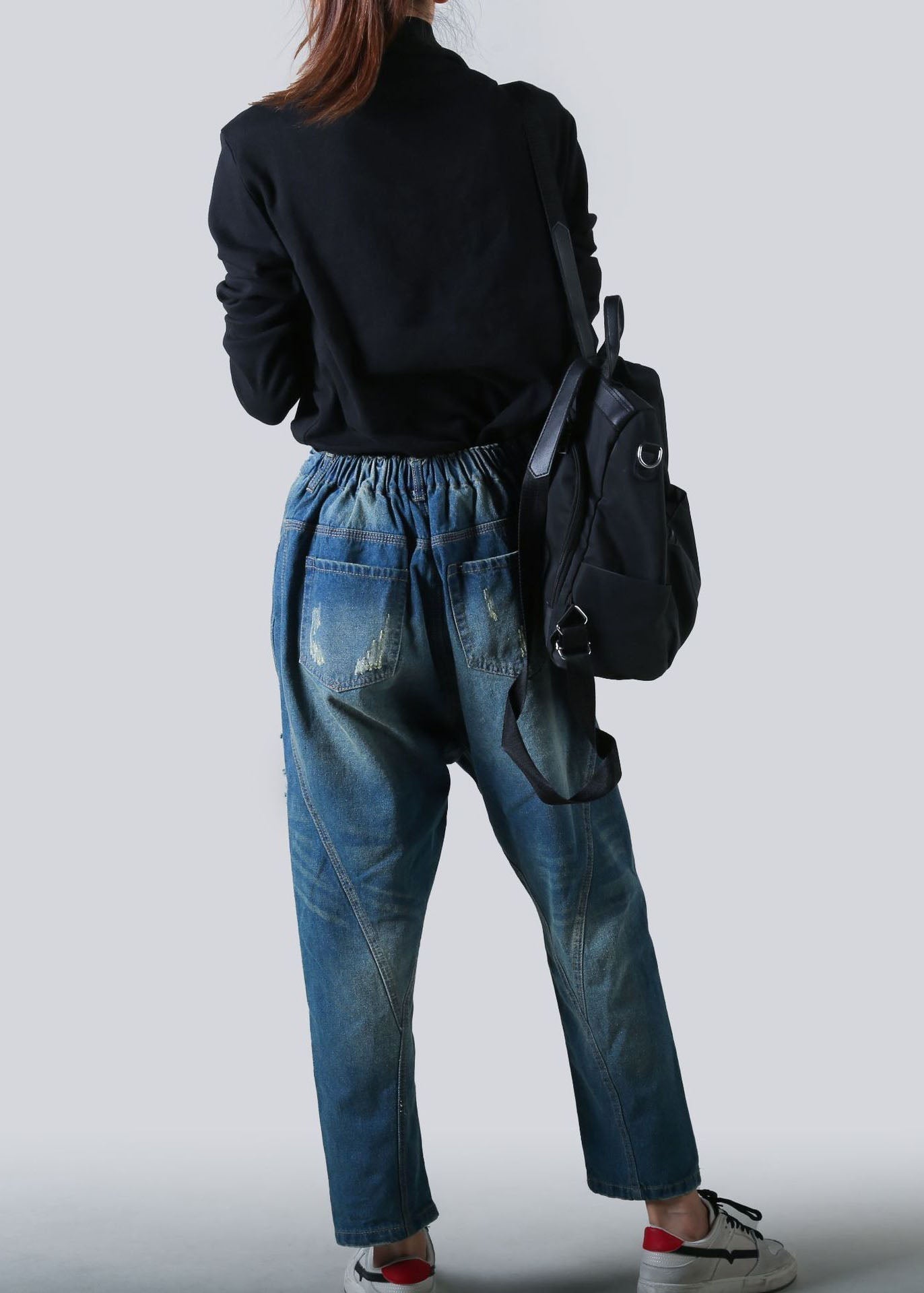 Diy Blue Patchwork Pockets Elastic Waist Harem Pants Spring