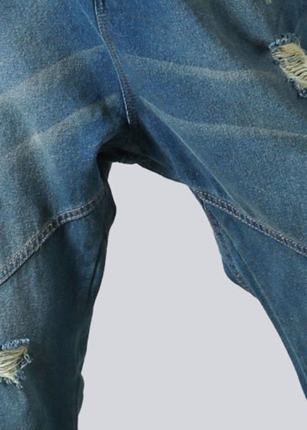 Diy Blue Patchwork Pockets Elastic Waist Harem Pants Spring