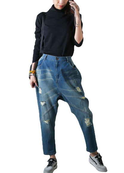 Diy Blue Patchwork Pockets Elastic Waist Harem Pants Spring