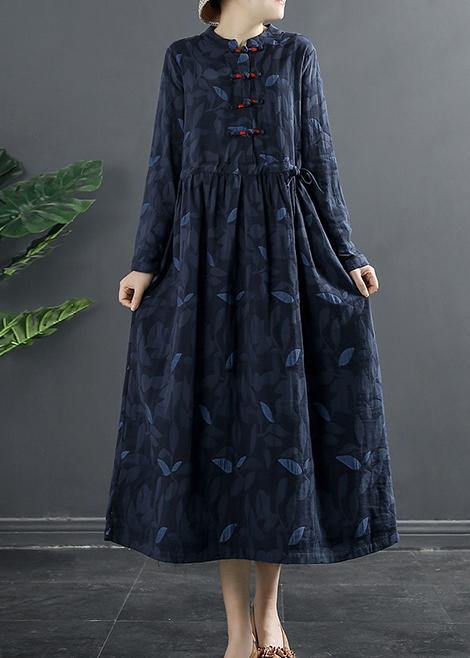 Diy Blue Print Dresses Stand Collar a Line Dress