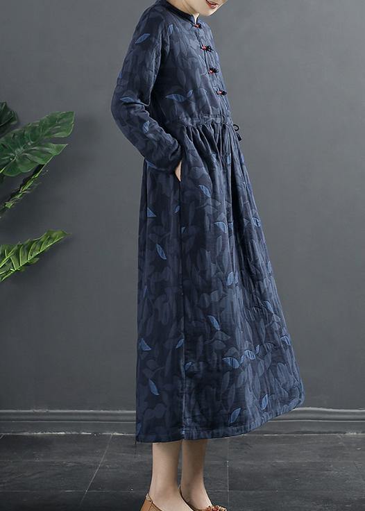 Diy Blue Print Dresses Stand Collar a Line Dress