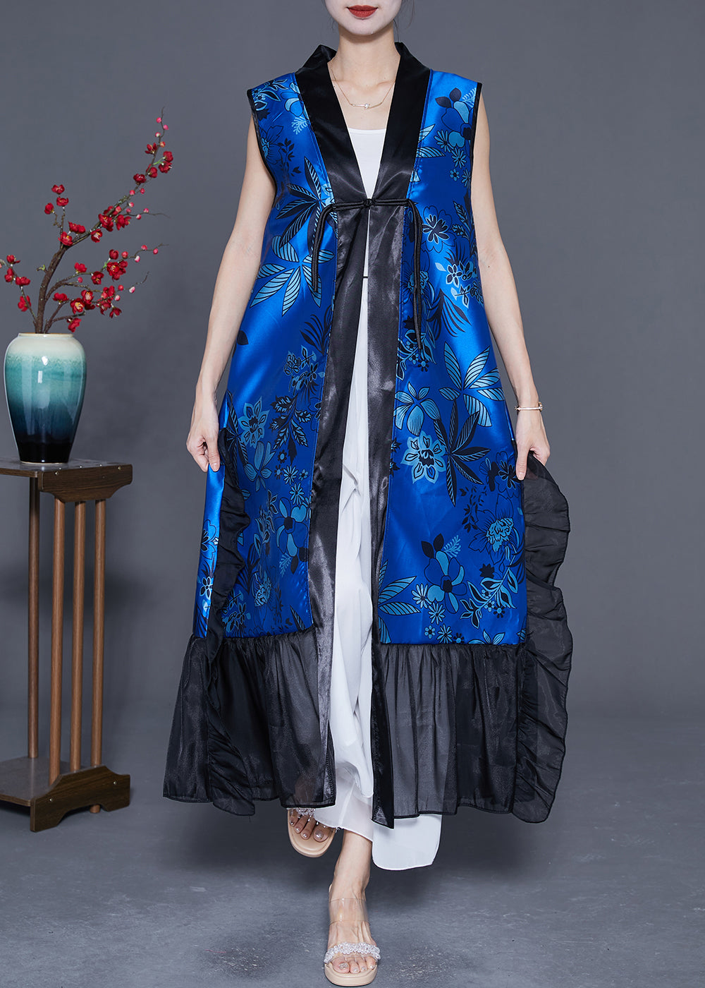 Diy Blue Ruffled Patchwork Chinese Button Silk Long Vest Summer