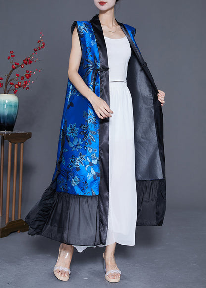 Diy Blue Ruffled Patchwork Chinese Button Silk Long Vest Summer