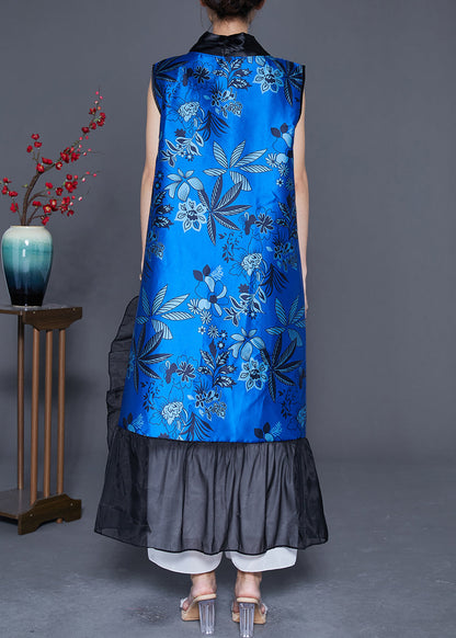 Diy Blue Ruffled Patchwork Chinese Button Silk Long Vest Summer