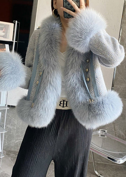 Diy Blue Stand Collar Leather and Faux Fur Coat Winter