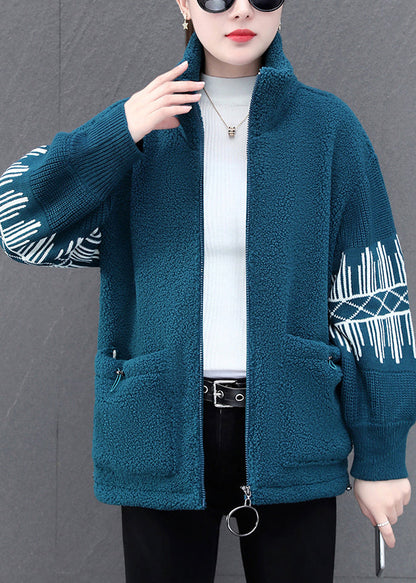 Diy Blue Stand Collar Zippered Striped Patchwork Teddy Faux Fur Coats Winter