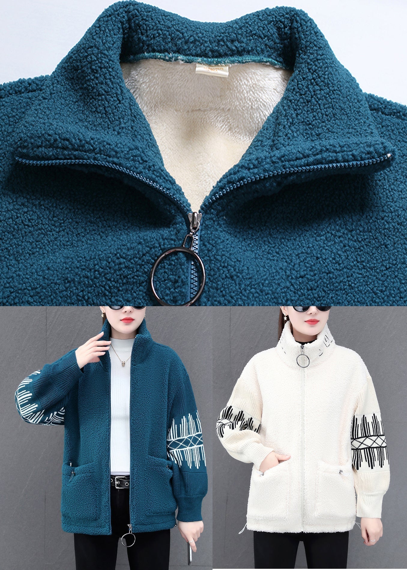 Diy Blue Stand Collar Zippered Striped Patchwork Teddy Faux Fur Coats Winter