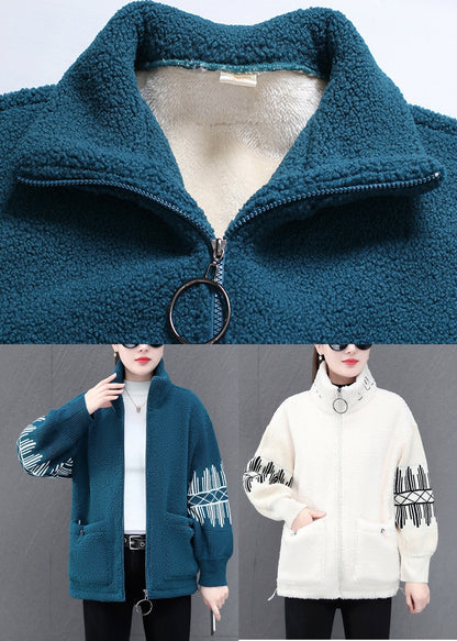 Diy Blue Stand Collar Zippered Striped Patchwork Teddy Faux Fur Coats Winter