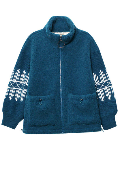 Diy Blue Stand Collar Zippered Striped Patchwork Teddy Faux Fur Coats Winter