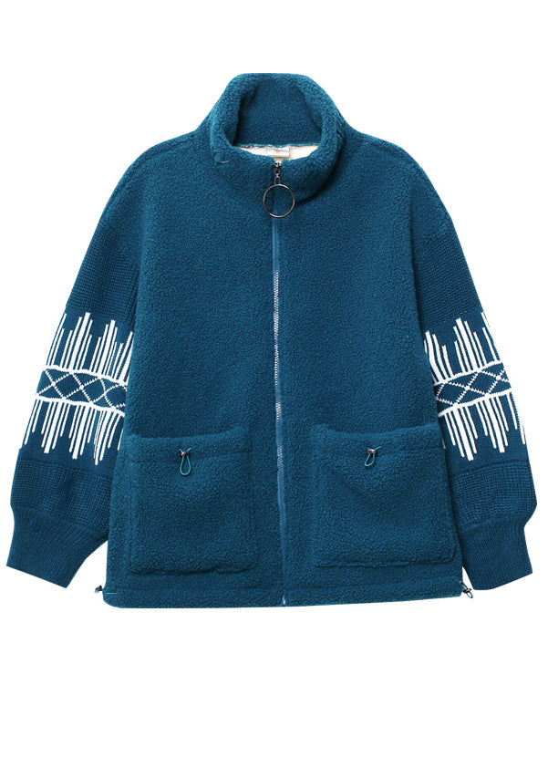 Diy Blue Stand Collar Zippered Striped Patchwork Teddy Faux Fur Coats Winter