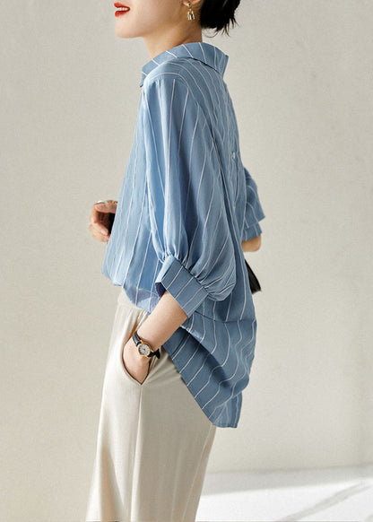 Diy Blue Striped Peter Pan Collar Patchwork Silk Shirt Top Summer