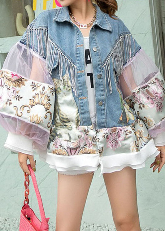 Diy Blue Tasseled Tulle Print Patchwork Denim Coat Lantern Sleeve