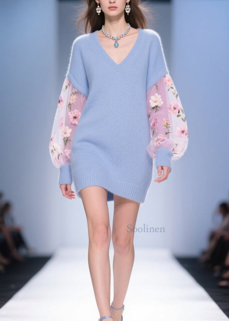 Diy Blue V Neck Tulle Patchwork Knit Sweater Dress Fall