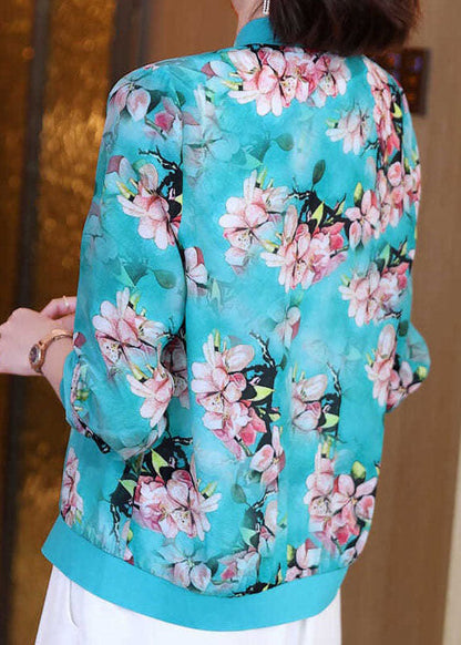 Diy Blue V Neck Zippered Print Patchwork Silk Jacket Summer