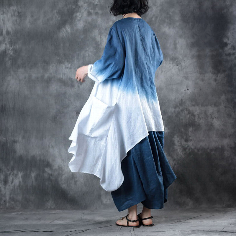 Diy Blue White Retro Loose Gradient Color Fall Asymmetrical Design 2 Piece Outfit Long Sleeve