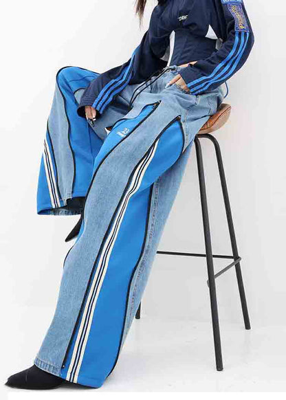 Diy Blue Zip Up Patchwork Drawstring Denim Wide Leg Pants Fall