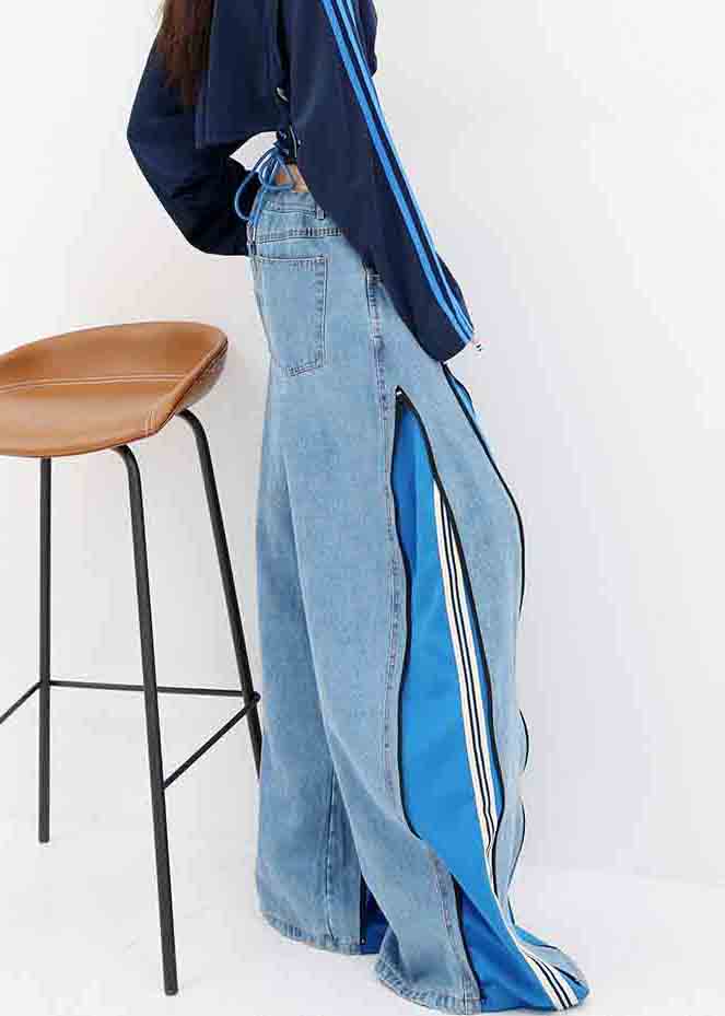 Diy Blue Zip Up Patchwork Drawstring Denim Wide Leg Pants Fall