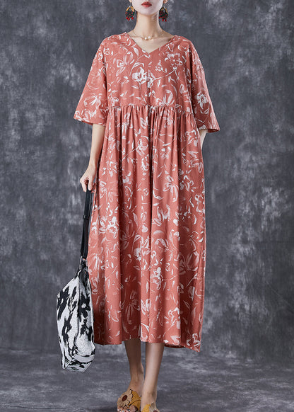 Diy Brick Red V Neck Print Linen Maxi Dress Summer