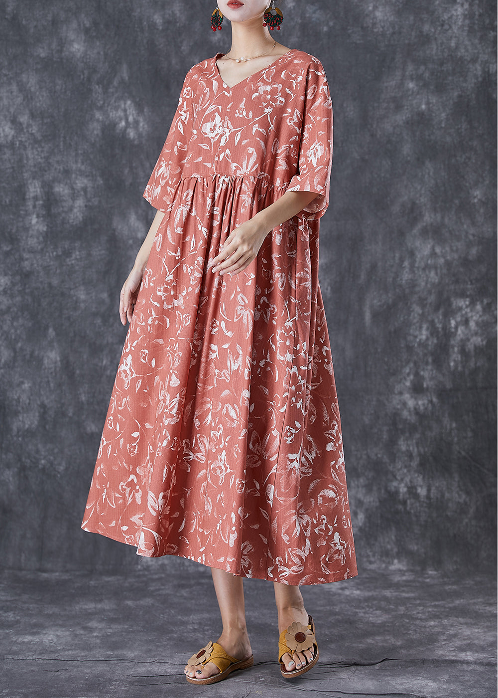 Diy Brick Red V Neck Print Linen Maxi Dress Summer