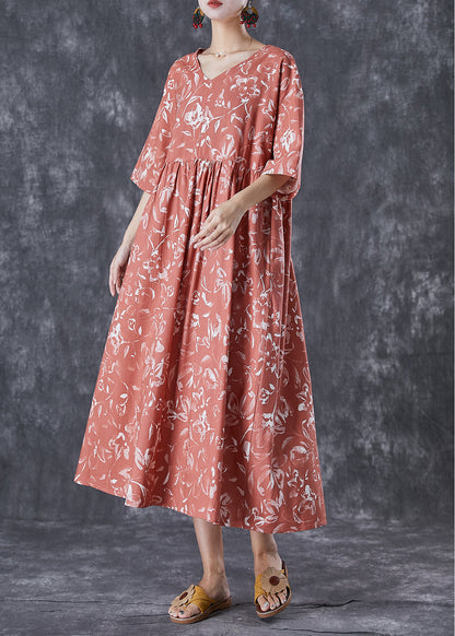 Diy Brick Red V Neck Print Linen Maxi Dress Summer