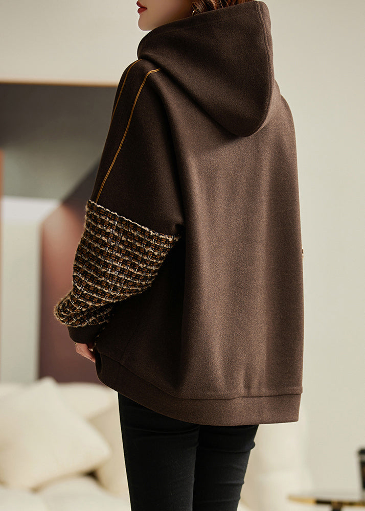 Diy Brown Hooded Patchwork Cotton Sweatshirt Spring